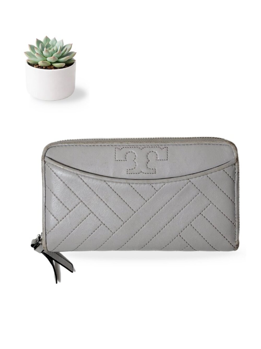 Tory Burch Leather Handbag Alexa Zip Continental Wallet Gray Quilted Bag As Is